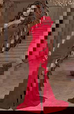 One shoulder evening gown with ruffled trim and floral applique detail