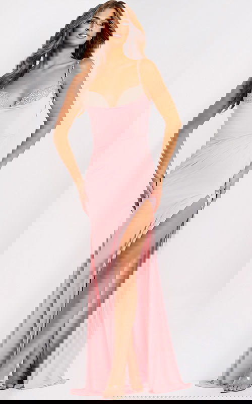 Elegant fitted gown with side slit and rhinestone straps