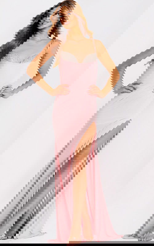 Light pink jersey prom gown with sparkling top