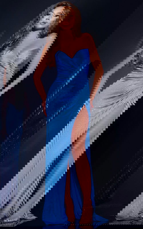 Model wearing Jovani 43033 blue gown with sweetheart neckline and high slit, front view.