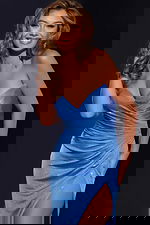 Model wearing Jovani 43033 blue gown with sweetheart neckline and high slit, close-up front view.