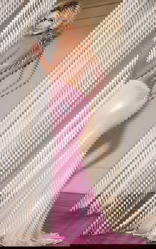 Back view of Jovani 43035 pink gown with criss-cross open back