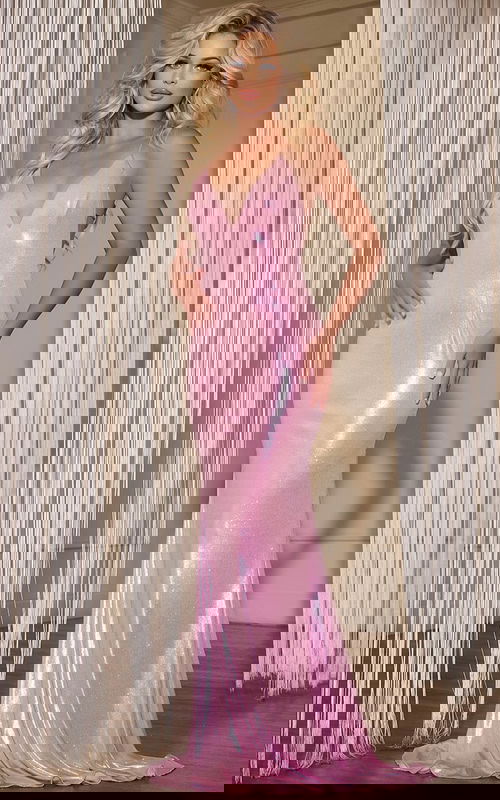 Model wearing Jovani 43035 pink gown with plunging neckline