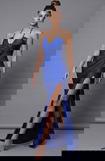 sleeveless halter neck satin dress with high side slit 46515