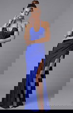 halter neck royal blue satin dress with high side slit 43041