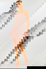 Soft pink tweed mini dress with floral rosettes on the front