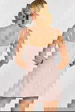 Back view of pink sequin tweed dress with square neckline