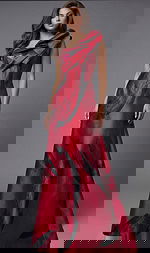 One shoulder gown with sculptural neckline and red abstract print detailing