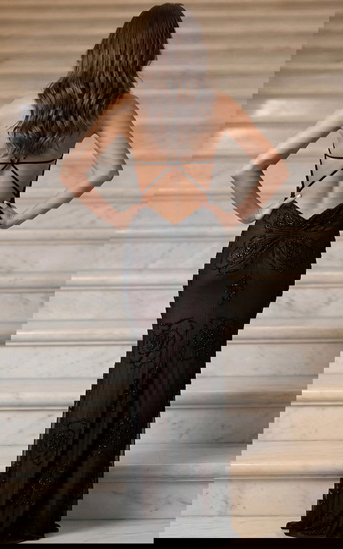 Sheer beaded gown with V neckline and fitted silhouette