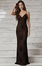 Front view of fitted evening gown with delicate straps and beadwork