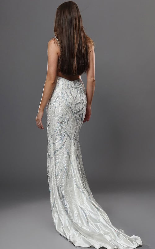 white sheath long dress with strappy v neck cutouts sequined high slit