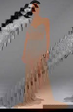 Beaded illusion corset gown with sheer flowing skirt