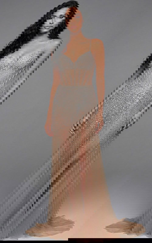 Beaded illusion corset gown with sheer flowing skirt