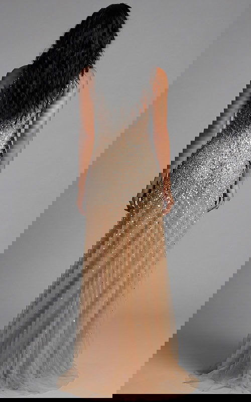 Back view of beaded gown with sheer train and fitted silhouette