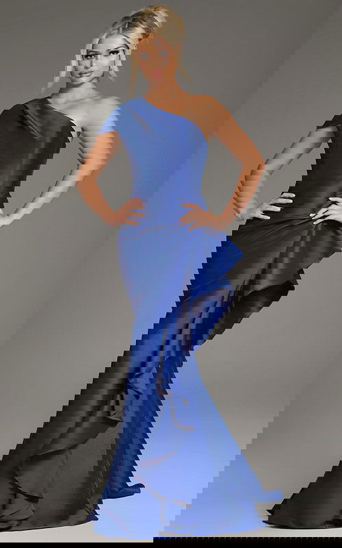 Model wearing Jovani 43126 dress with asymmetrical neckline in purple.