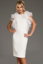 Model wearing Jovani 43152 white dress with ruffle cap sleeves, front view