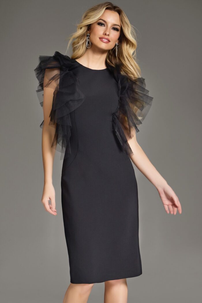 Model wearing Jovani 43152 black dress with ruffle cap sleeves, front view