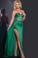 Model wearing Jovani 43157 emerald green gown with high slit and strapless neckline