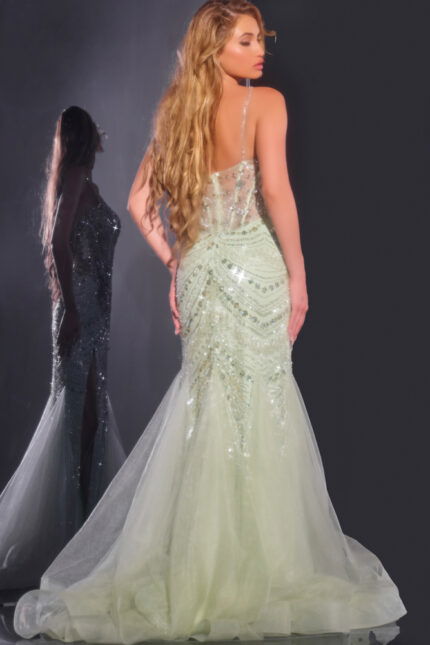 Back view of Jovani 43189 green gown featuring elegant beadwork and flowing skirt.