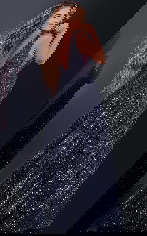 Model showcasing the back of Jovani 43198 navy blue tiered sequined gown