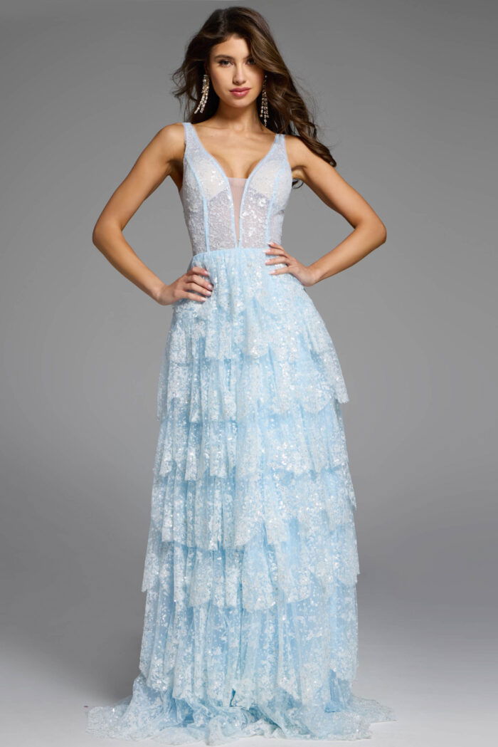 Sheer plunging neckline gown with elegant sequin accents