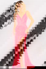 Red Beaded V-Neck Prom Dress with Slit and Open Back