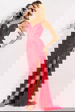 Red beaded prom gown with plunging neckline and sheer back