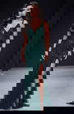 green v neckline high slit dress 43221