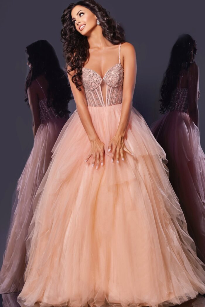 Jovani 43254 blush dress with beaded sweetheart neckline and layered tulle skirt