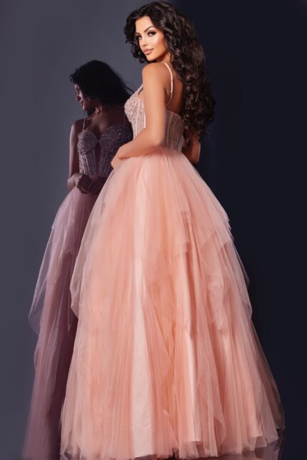 Back view of Jovani 43254 blush gown showcasing beaded details and tulle volume
