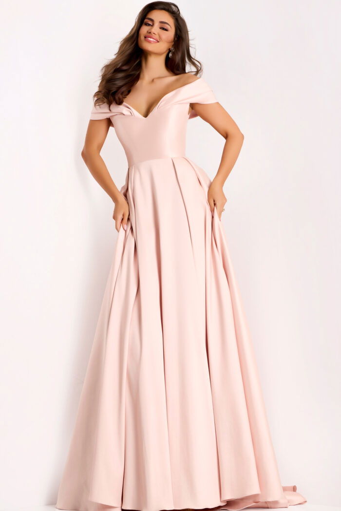 Blush off-shoulder evening gown with flowing A-line skirt