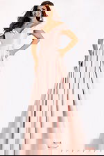 Elegant pink formal dress with structured bodice and soft train