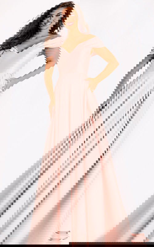 Elegant pink formal dress with structured bodice and soft train