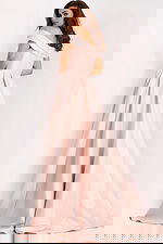 Side and back view of strapless blush satin gown with clean finish