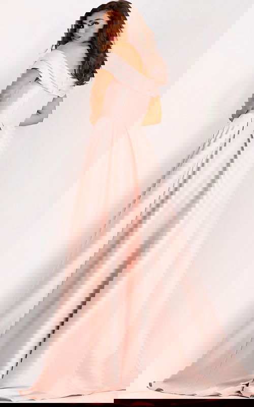 Side and back view of strapless blush satin gown with clean finish