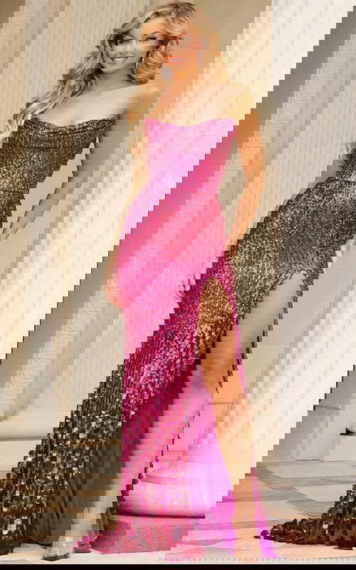 model wearing 43338 floor-length pink sequin gown with high slit