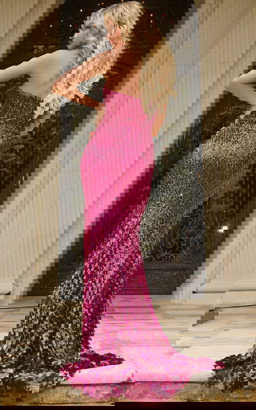 back view of 43338 pink sequin gown with train