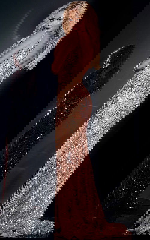 model wearing Jovani 43380 blush dress with low scoop back view