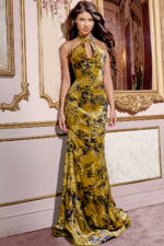 Model wearing Jovani 43388 green dress with halter neckline and elegant silhouette, front view.