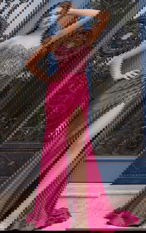 Strapless satin gown with beaded corset bodice, draped skirt, and high slit shown from the front