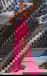 Strapless satin gown with beaded corset bodice, draped skirt, and high slit shown from the front