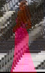 Back view of strapless satin dress with beaded bodice, ruched waist detail, and fitted skir