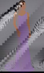 Jovani 43401 lilac one-shoulder mermaid evening gown with twisted strap detail, asymmetric pleated bodice, sweetheart neckline, and floor-length skirt with train.