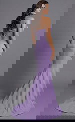 Back view of Jovani 43401 lilac one-shoulder mermaid gown showing a clean fitted silhouette, zipper closure, and sweeping train.