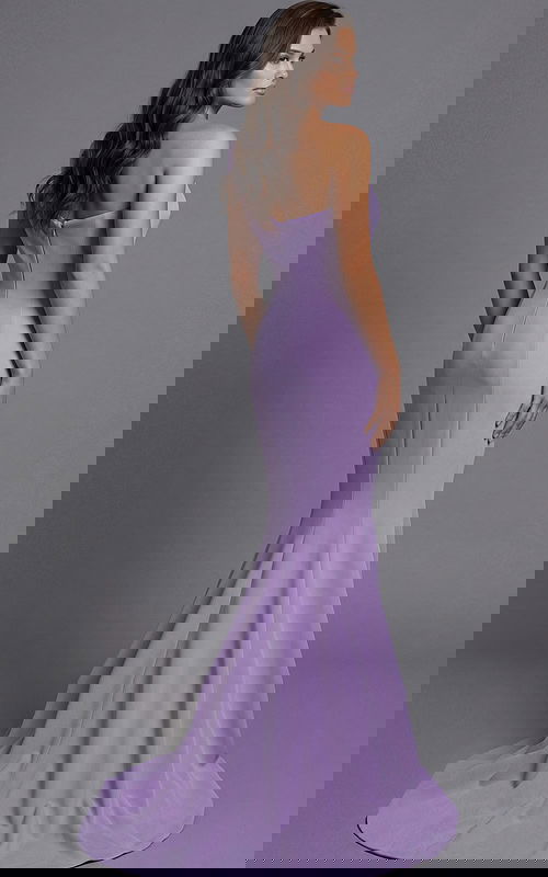 Back view of Jovani 43401 lilac one-shoulder mermaid gown showing a clean fitted silhouette, zipper closure, and sweeping train.