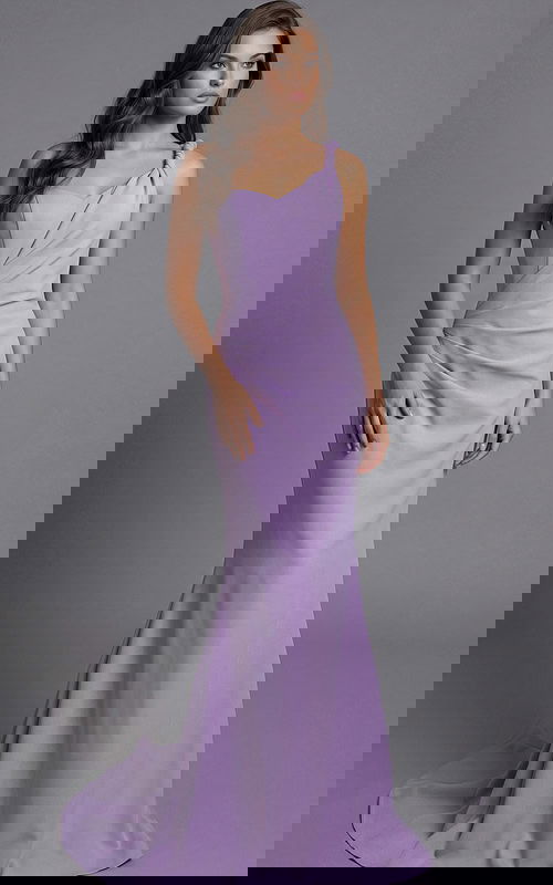 Jovani 43401 lilac one-shoulder mermaid evening gown with twisted strap detail, asymmetric pleated bodice, sweetheart neckline, and floor-length skirt with train.