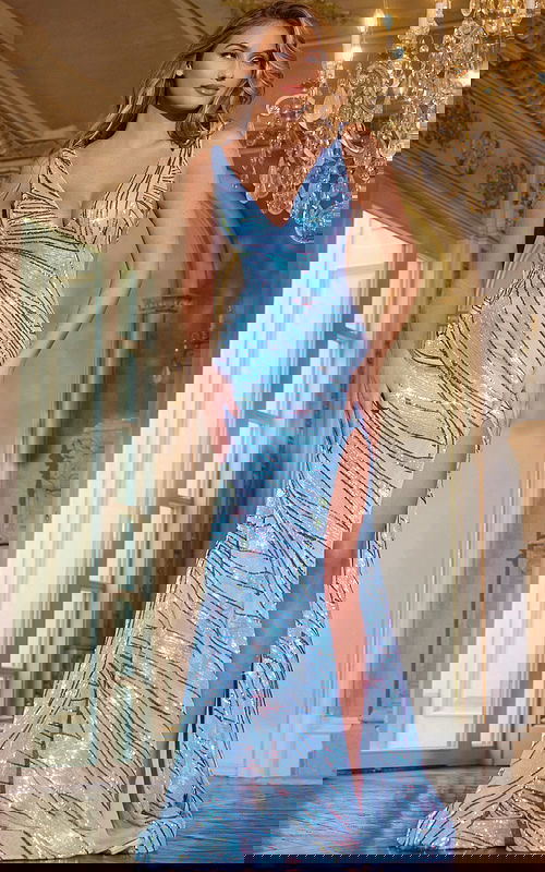 Model wearing Jovani 43407 blue gown with fitted silhouette and high slit, front view