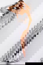 Satin prom gown with ruched skirt and sparkle bodice