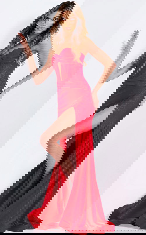 Shimmer red gown with sweetheart neckline and ruched waist