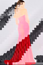 Red strapless glitter prom dress with high slit